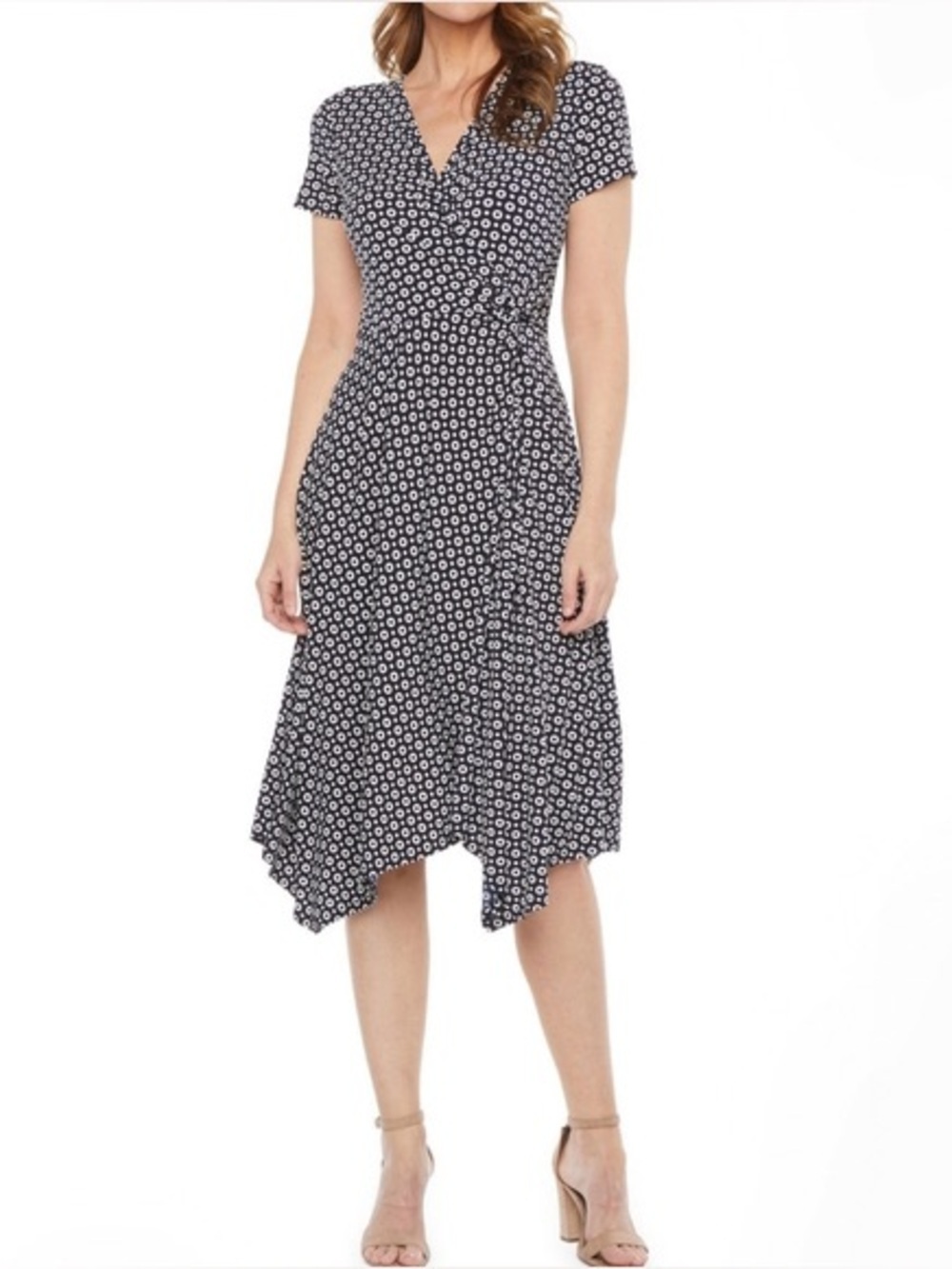 Perceptions Blue Polka Dot Dress High Low Hem Short Sleeve Midi small